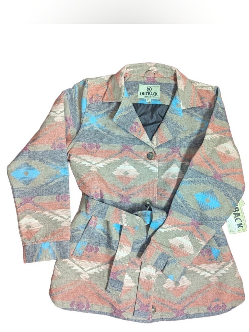 Outback Trading Co. Vara Valarie Belted Rust Aztec Print Jacket Coat Size XL